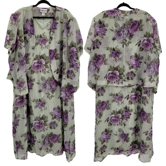 Vintage 80's Dress Set Plus Size 32W Crinkle Chiffon Shift Maxi Floral Sage